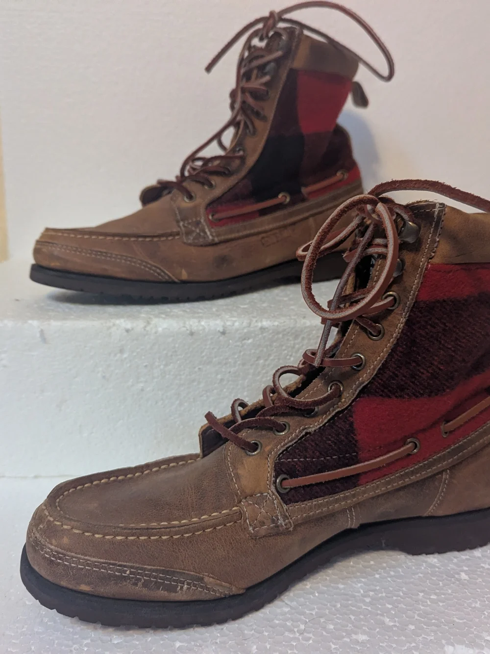 Sebago Brown Leather Boots with Red Plaid Panels